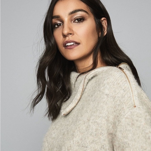 Reiss Cassie Wool Alpaca Blend Zip Collar Sweater Women’s Medium Beige Oversized - Picture 10 of 11